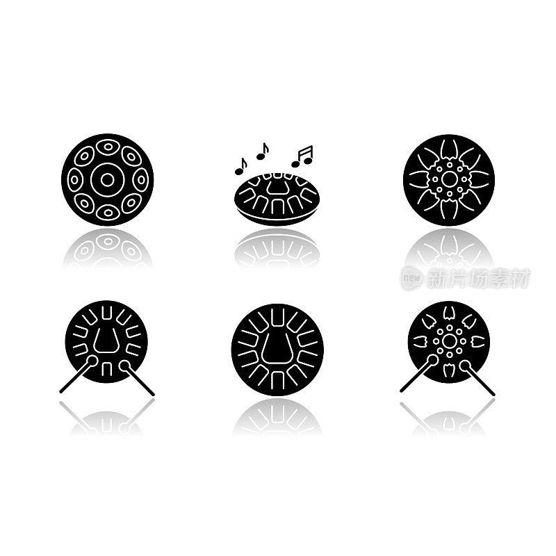 Ornamental handpan drop shadow black glyph icons set